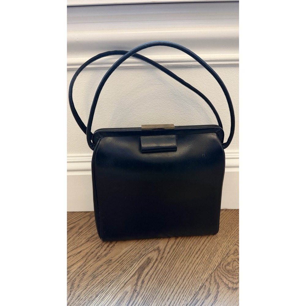 1950s? handbag by Jana, vintage Black Leather purse with Clasp Suede Liner